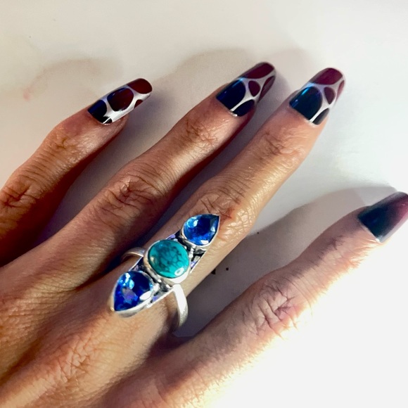 New 925 Sterling Silver Blue Imperial Topaz Turquoise Artisten 3 Tier Ring - Picture 10 of 16
